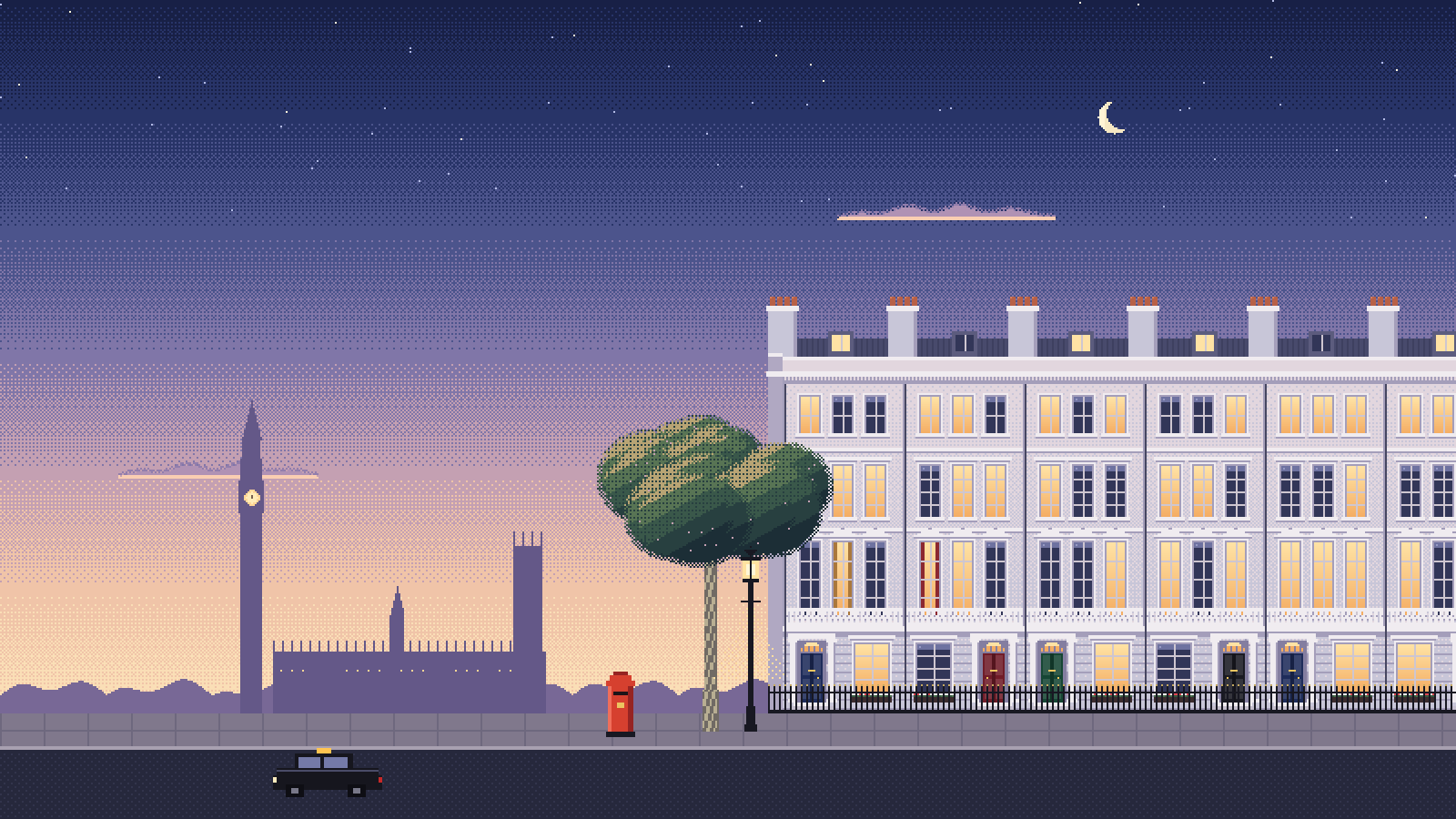 Pixel-art illustration of a white stucco Victorian terrace in London at dusk, with Westminster on the horizon